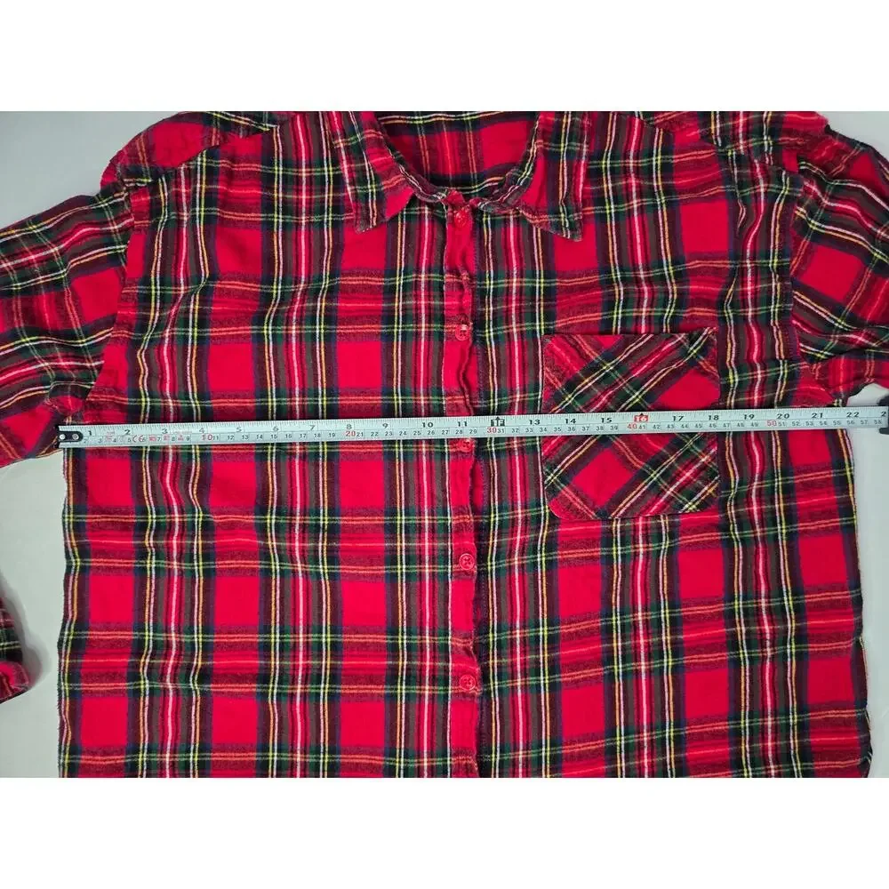 Time and Tru Red Plaid Flannel Shirt XL Cotton Button Front Tartan Fall